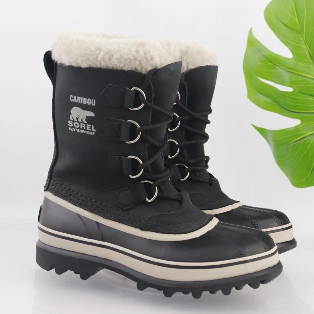 Sorel Womens Caribou Snow Boots Size 7 Waterproof Black Leather Lace Up Winter